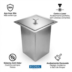 Lixeira Inox de Embutir 4 Litros Ecosul com Tampa Anti-Odor Aço Inox 304 9 Lixeira Inox de Embutir 4 Litros Ecosul com Tampa Anti-Odor Aço Inox 304 - Imagem 3